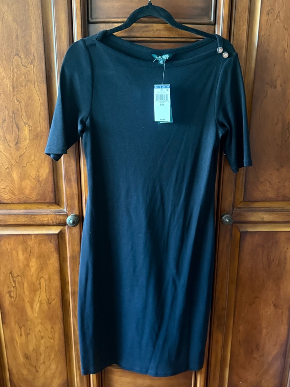 NWT Ralph Lauren Black Short-Sleeve Midi Shift Dress with Shoulder Button Detail